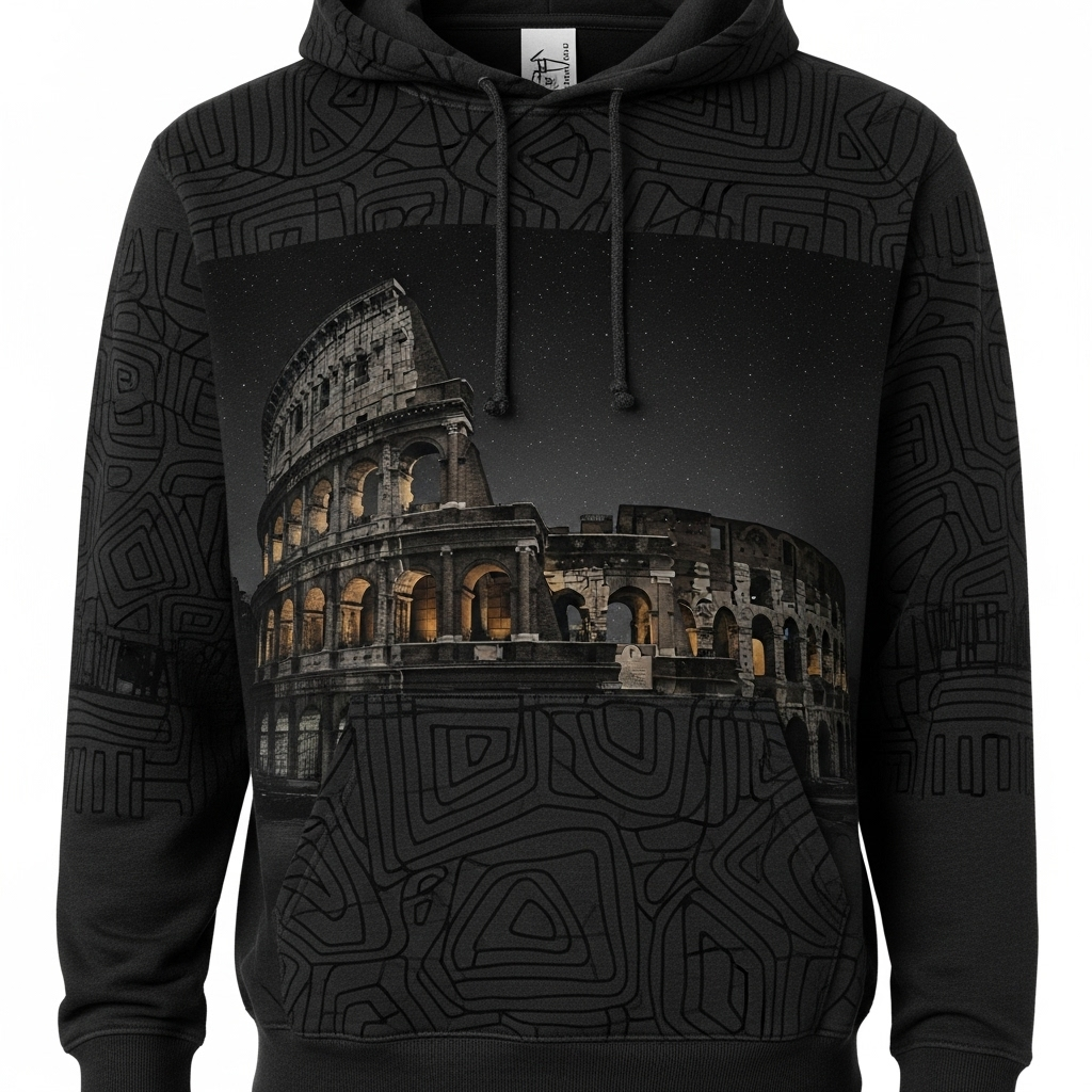 Colosseum Night Hoodie, a dark hoodie with a subtle geometric pattern