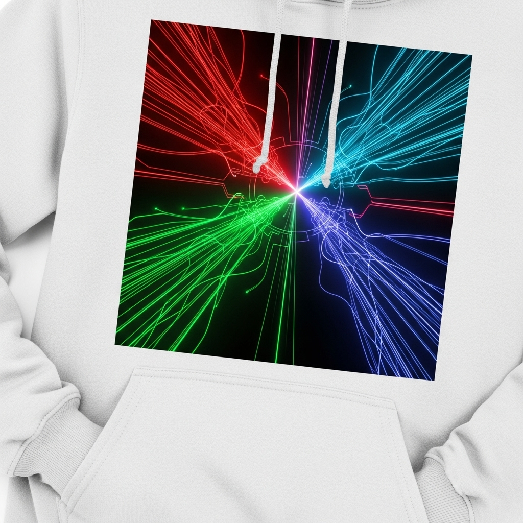 RGB Pulse Hoodie, a white hoodie with colorful lines that resemble a gaming setup