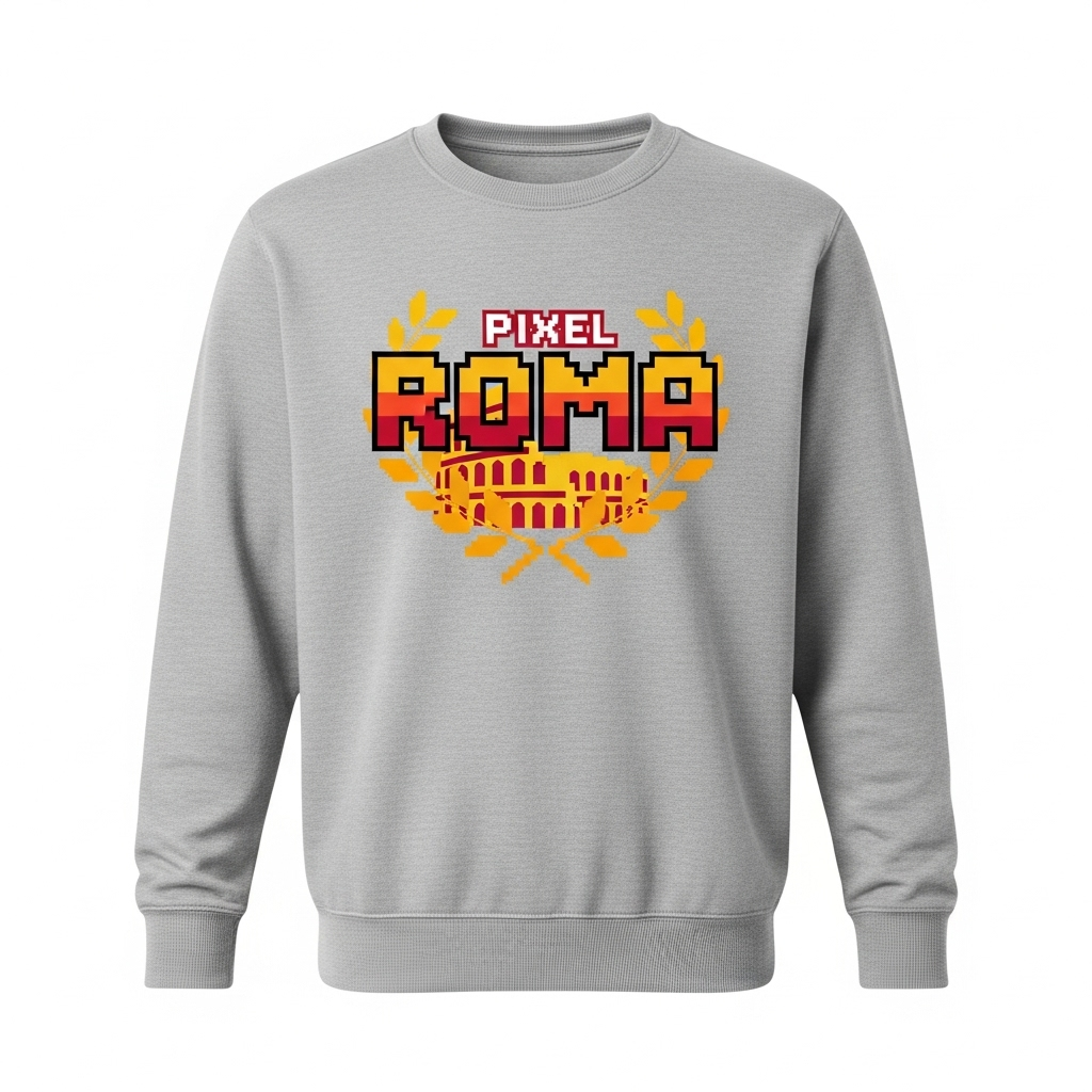 Pixel Roma Sweatshirt, a grey sweatshirt with pixelated text and a Rome-inspired design