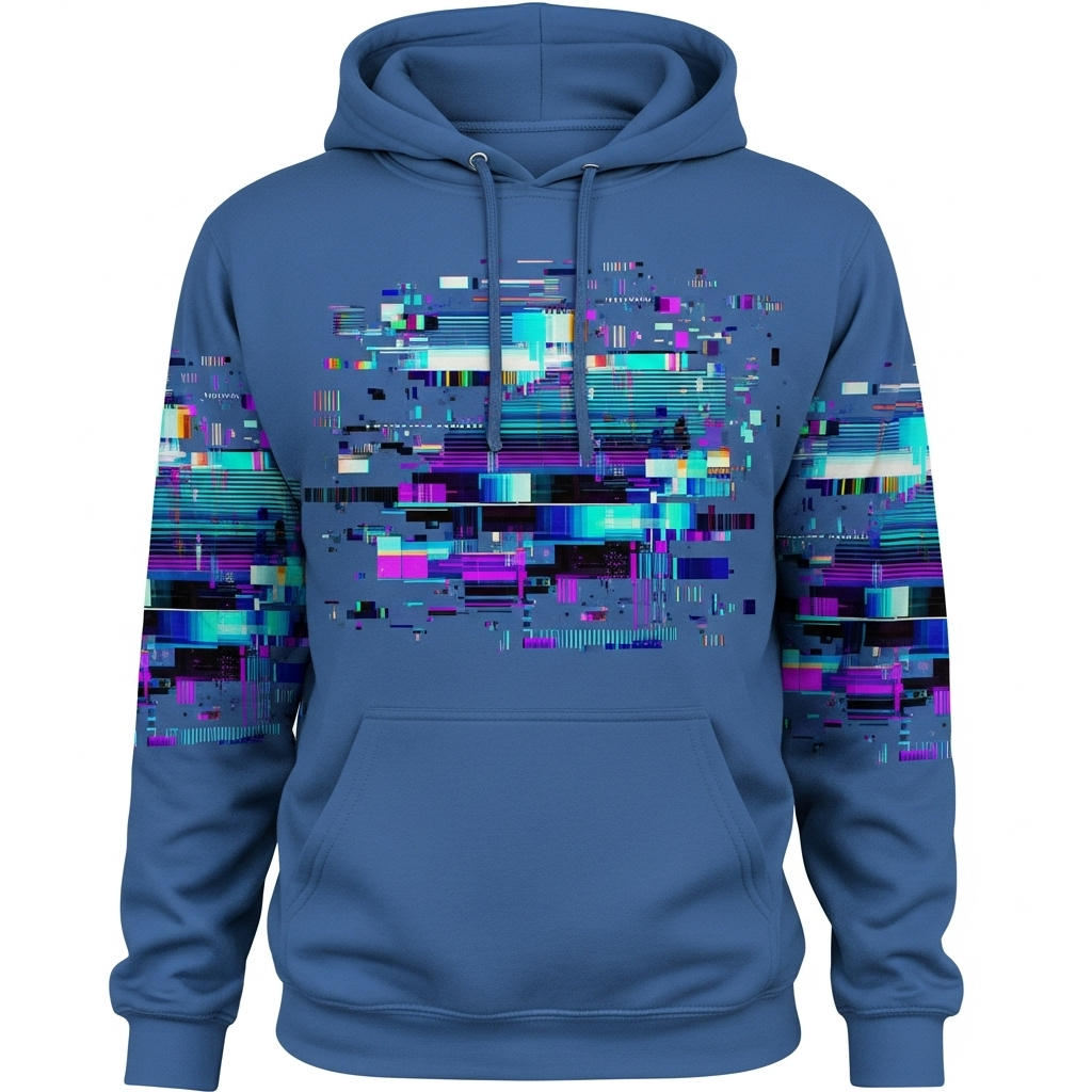 Glitch Effect Hoodie, a blue hoodie with a distorted or 'glitched' graphic