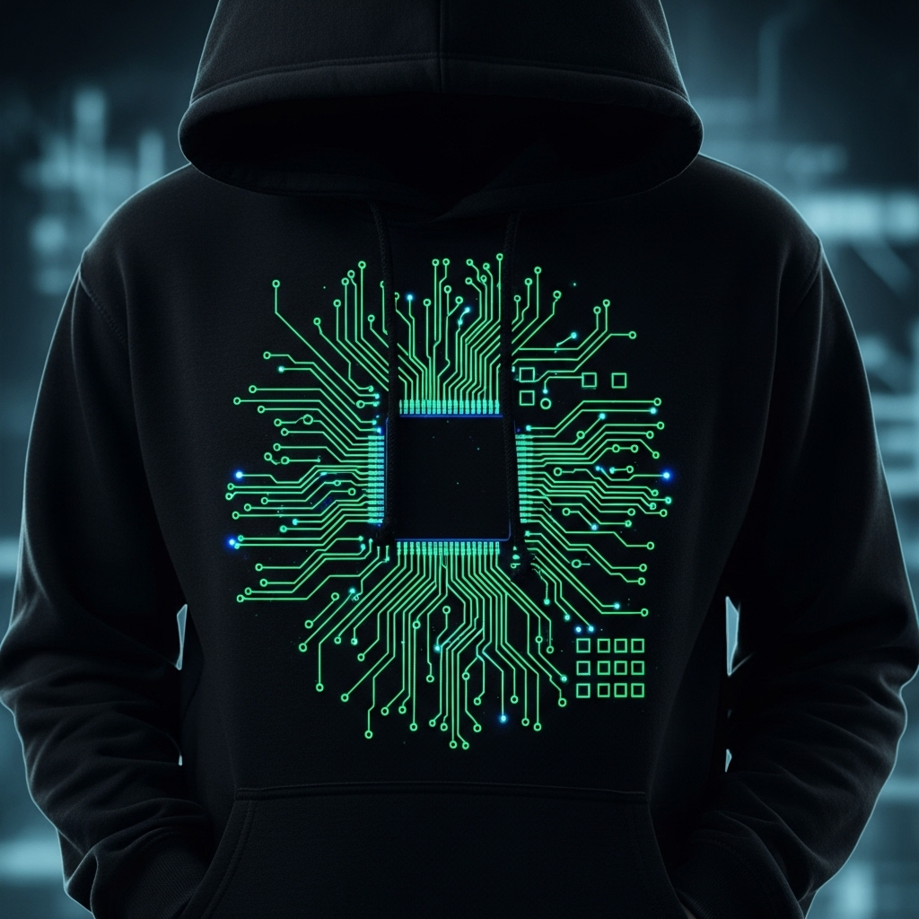 Circuit Board Hoodie, a black hoodie with a design that looks like electronic circuits