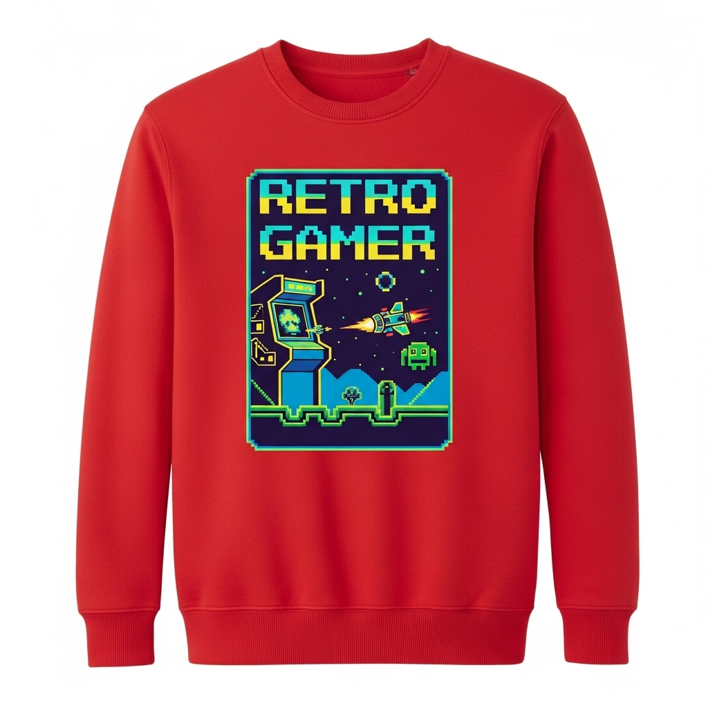 Retro Gamer Sweatshirt, a red sweatshirt with a retro video game-inspired logo