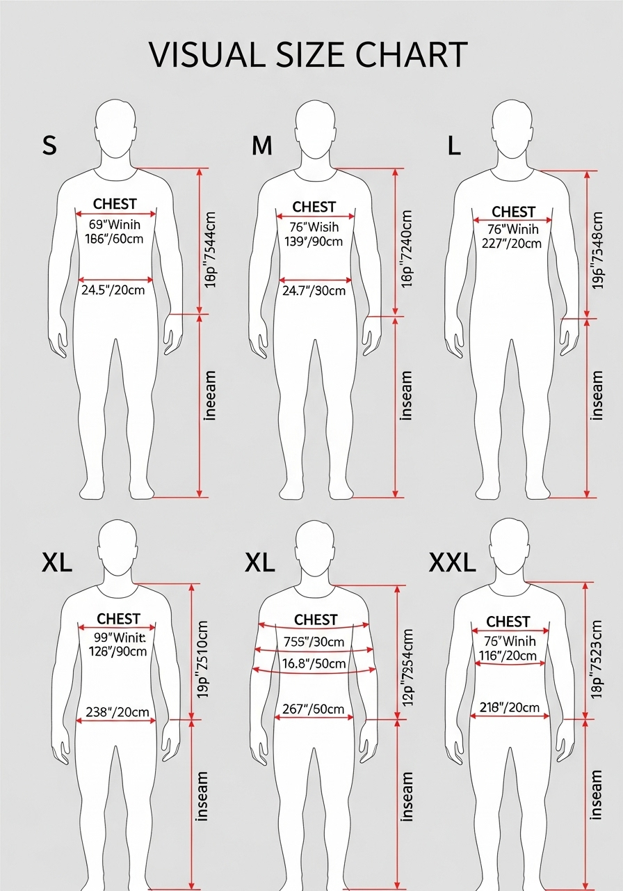 A visual size chart with measurements for different sizes (S, M, L, XL, XXL).